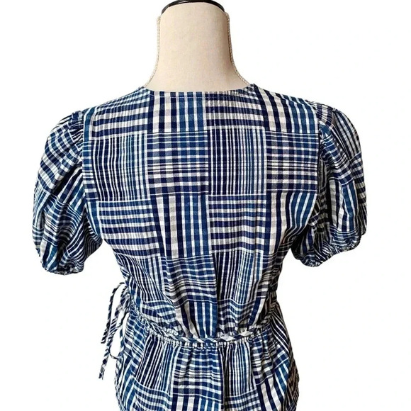 J.Crew Puff Sleeve Wrap Top Indigo Plaid Patchwork Cotton Blouse Size XS - Picture 9 of 15